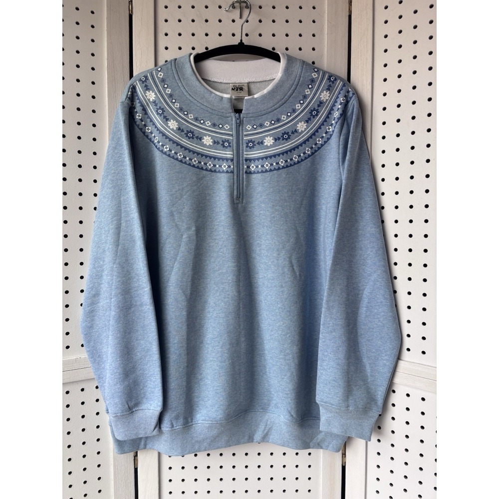 Blair 1/4 Zip Women's Lg Cotton Blend Fleece Sweatshirt Blue Geo Floral Print